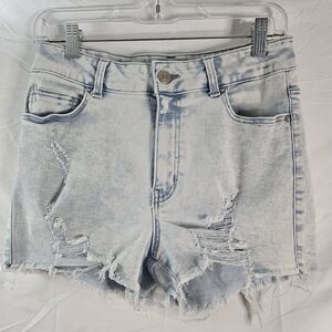 Refuge Juniors Light Blue Stretch Denim Distressed Hem Shorts Spring Grunge 7